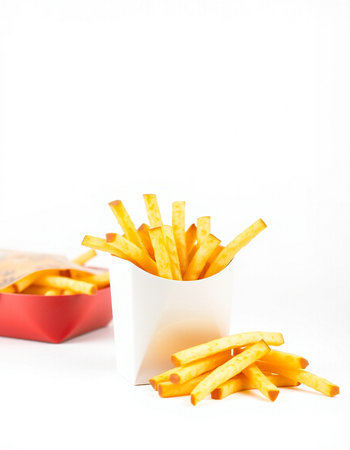French fries in paper box isolated on white background. Selective focus.