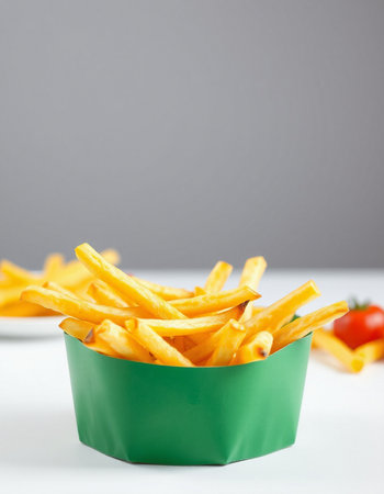 Golden French fries potatoes in a green container on a gray background.の写真素材