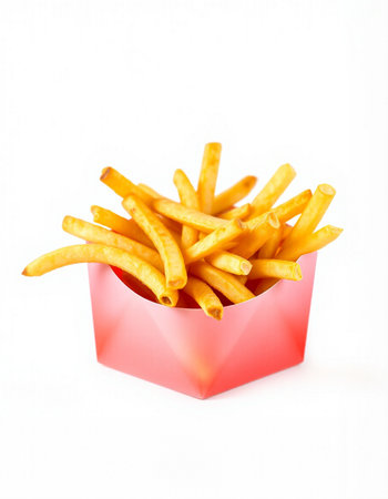 French fries in a red box isolated on white background. Fast food.