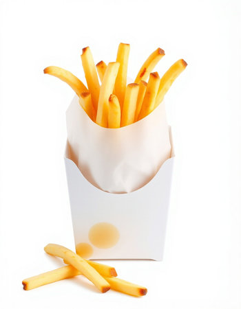 French fries in a paper box on a white background. Isolated
