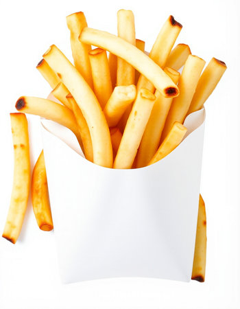 close up of french fries on a white background with space for text