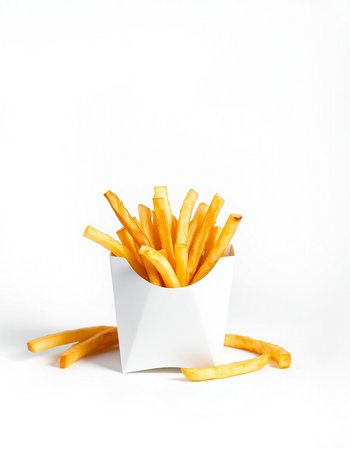 Golden French fries in a white paper box on a white background.