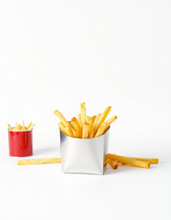 French fries in a white box on a white background with copy space