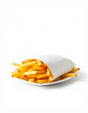 French fries in a white paper bag isolated on a white background.の写真素材