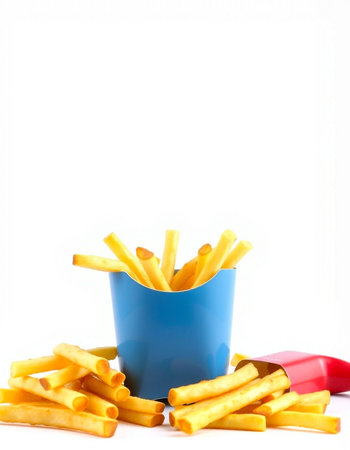 French fries in blue plastic cup on white background. Copy space.