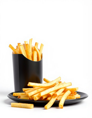 French fries in a black plate isolated on white background. Fast food.の写真素材