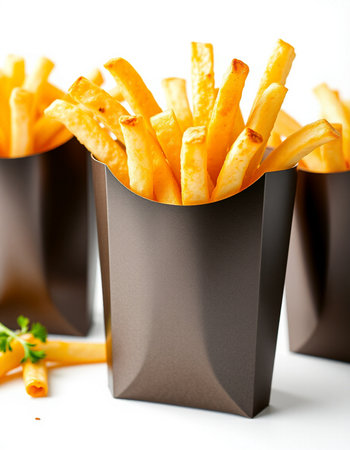 French fries in a paper box on a white background. Selective focus.