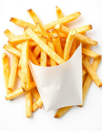 French fries in white paper bag isolated on white background. Close up.