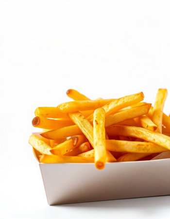 Golden French fries potatoes in a white box on a white background.