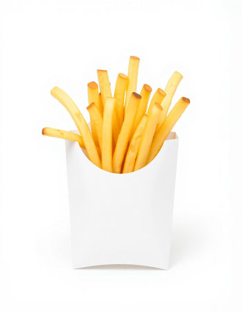 French fries in a white box on a white background. Isolated