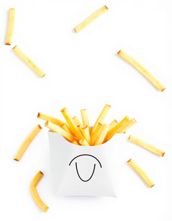 french fries with a sad face on a white background, top view