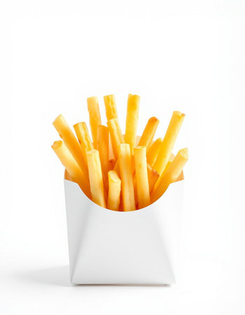 French fries in a white box on a white background. Isolated