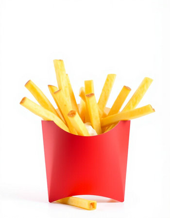 French fries in a red box isolated on white background. Selective focus.