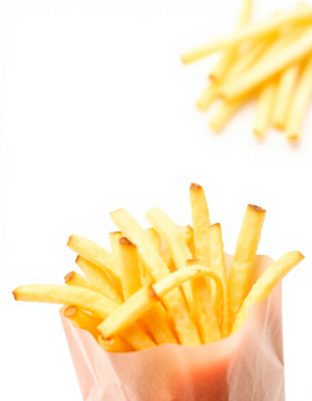 French fries in paper bag isolated on white background. Selective focus.