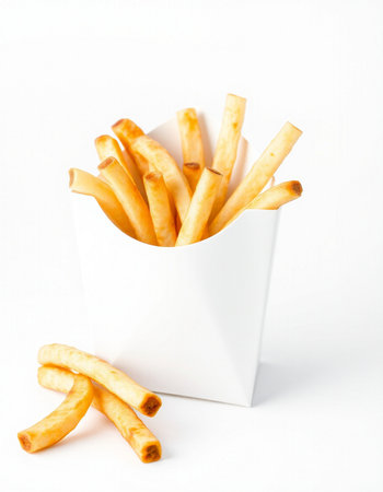 French fries in a white box on a white background. Isolated