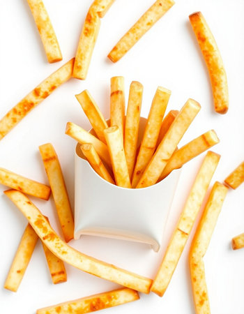 French fries isolated on white background. Close up. Top view.