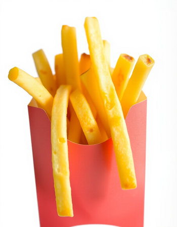 French fries in a red box on a white background, close-up