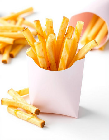 French fries in a paper box on a white background, close up