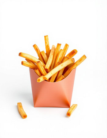 French fries in a paper box on a white background. Isolated