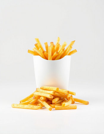 French fries in a paper box on a white background. Fast food.