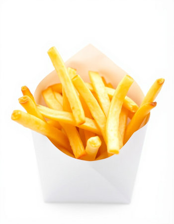 French fries in paper box isolated on white background. Selective focus.