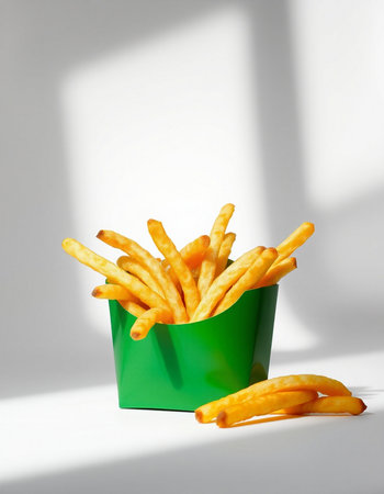 French fries in a green box on a white background with shadows.