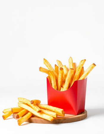 French fries in a red box on a white background with copy space