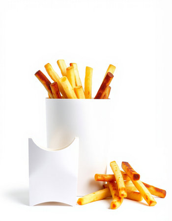 French fries in a paper box on a white background. Isolated
