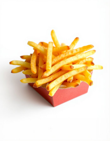French fries in a red box on a white background. Fast food.