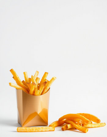 French fries in a paper box on a white background. Fast food.