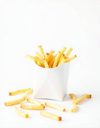 French fries in a white box on a white background. Selective focus.の写真素材