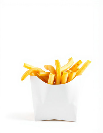 French fries in a white box on a white background. Isolated
