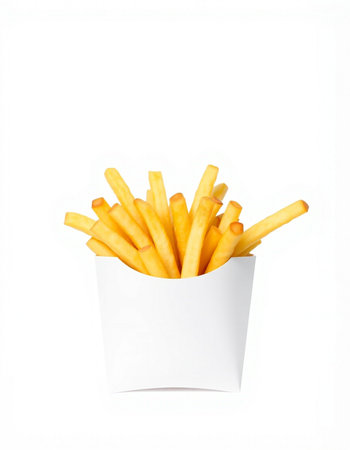 French fries in paper box isolated on white background. Fast food.