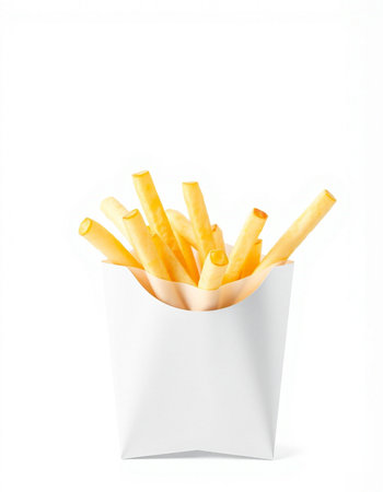 French fries in a paper box on a white background. Isolated