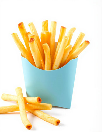 French fries in a blue box on a white background. Isolated