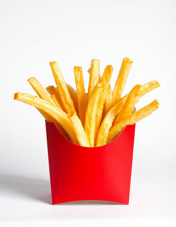 French fries in a red box on a white background. Fast food.