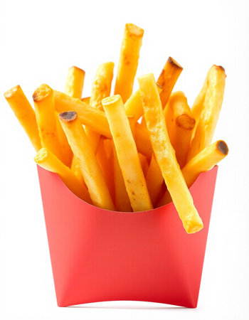 French fries in red box isolated on white background. Selective focus.