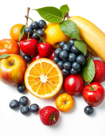 Fresh fruits and berries isolated on white background. Healthy food concept.
