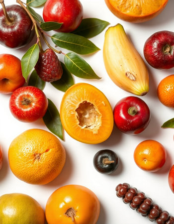 Composition with fresh fruits on white background, top view. Healthy diet