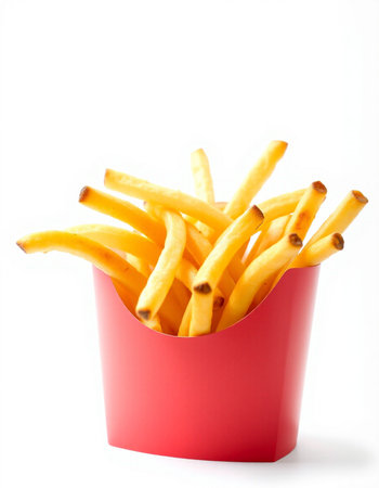 French fries in a red box isolated on white background with clipping path