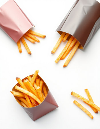 French fries in a paper box on a white background, top view
