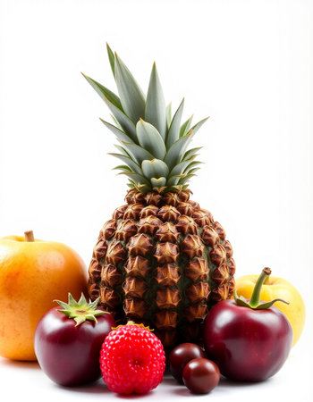 Pineapple and other fruits isolated on white background. Healthy food concept.の写真素材