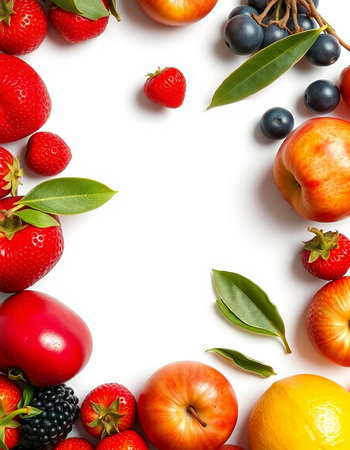 Fruits and berries on a white background. Top view. Flat lay.