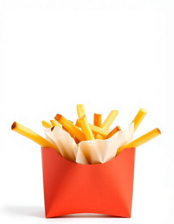 French fries in a red box isolated on white background. Fast food