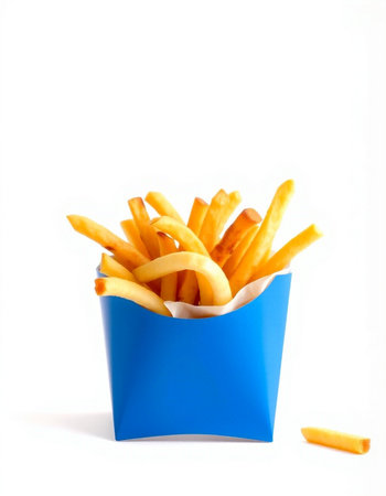 French fries in a blue box on a white background. Isolatedの写真素材