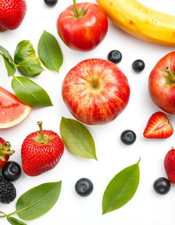 Fruits and berries on white background. Top view. Flat layの写真素材
