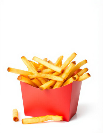 French fries in a red box on a white background. Fast food.