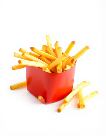 French fries in a red box isolated on white background. Selective focus.