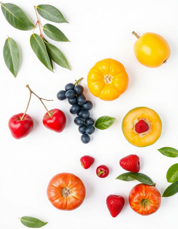 Fruits and berries on white background. Flat lay, top view