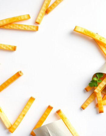Flat lay of french fries with parsley on white background.